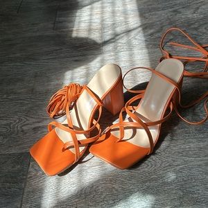 Women’s orange tie up sandal heels for summer! 🍊